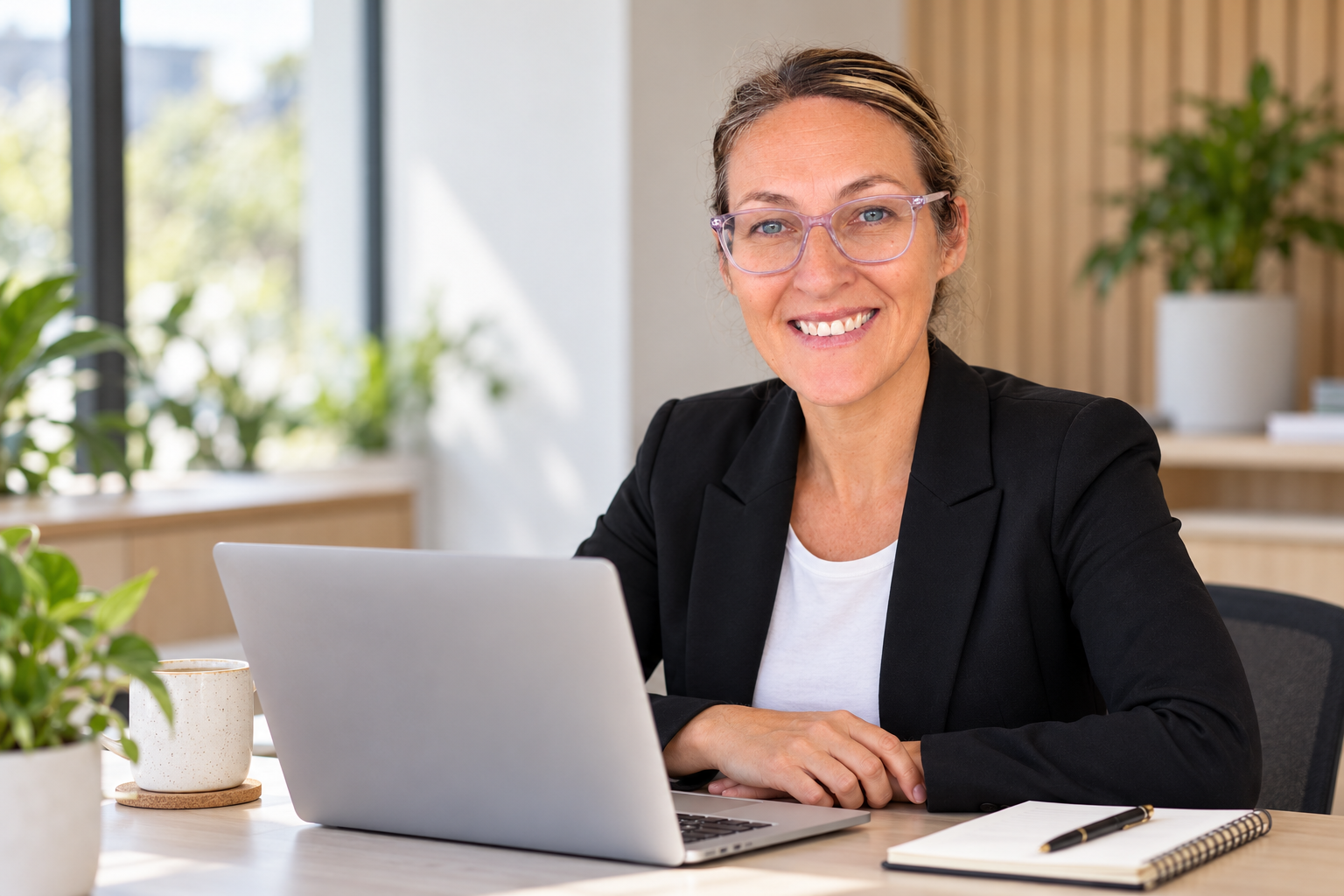 Rikki Dryden smiling at her desk