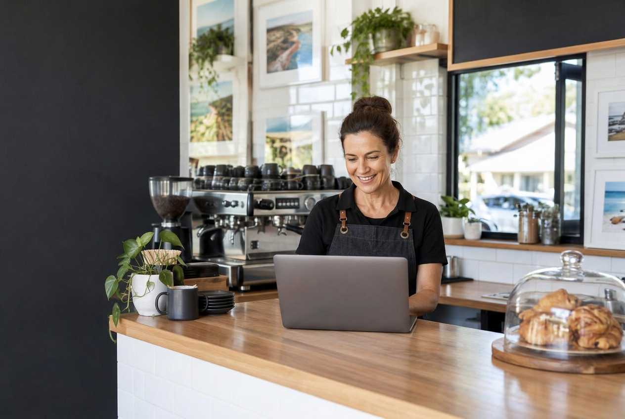 A small business owner working at a laptop behind her café counter